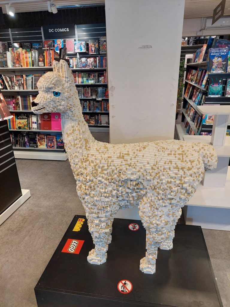 Buy board games in Outland Bergen shop under supervision of LEGO llama