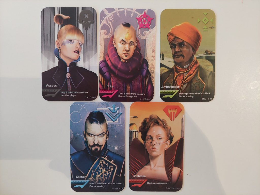 Five characters from Coup boardgame